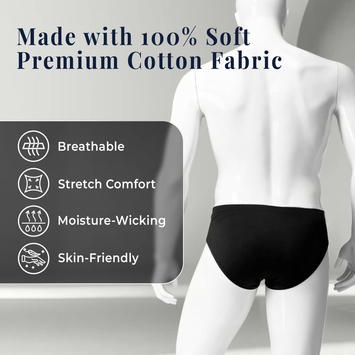 Men's low-rise cotton briefs in black with smooth fabric-covered waistband