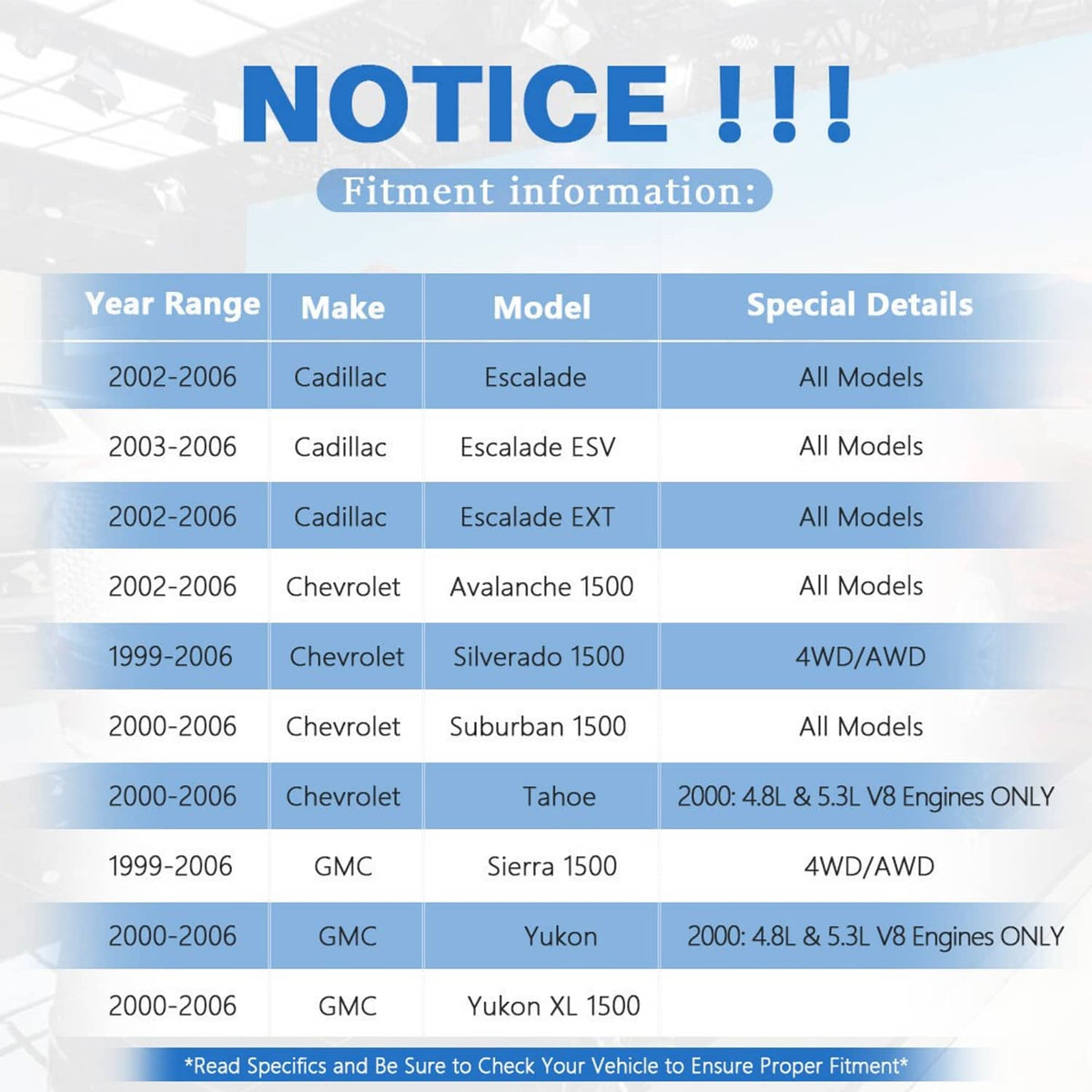Vehicle fitment chart for suspension parts with year make model table