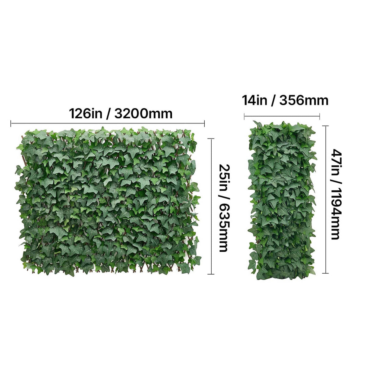 Artificial privacy screen panel with 126in by 25in dimensions and dense green leaves