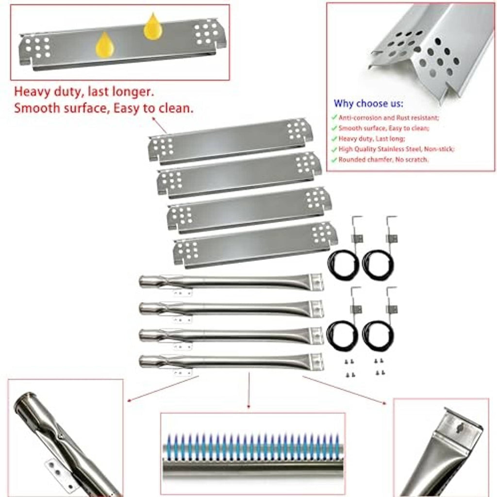 Grill burner heat plates and igniter kit with stainless tubes, wire rings, hardware