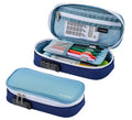Blue locking pencil case with mesh pocket and visible pens inside, zip-top open.