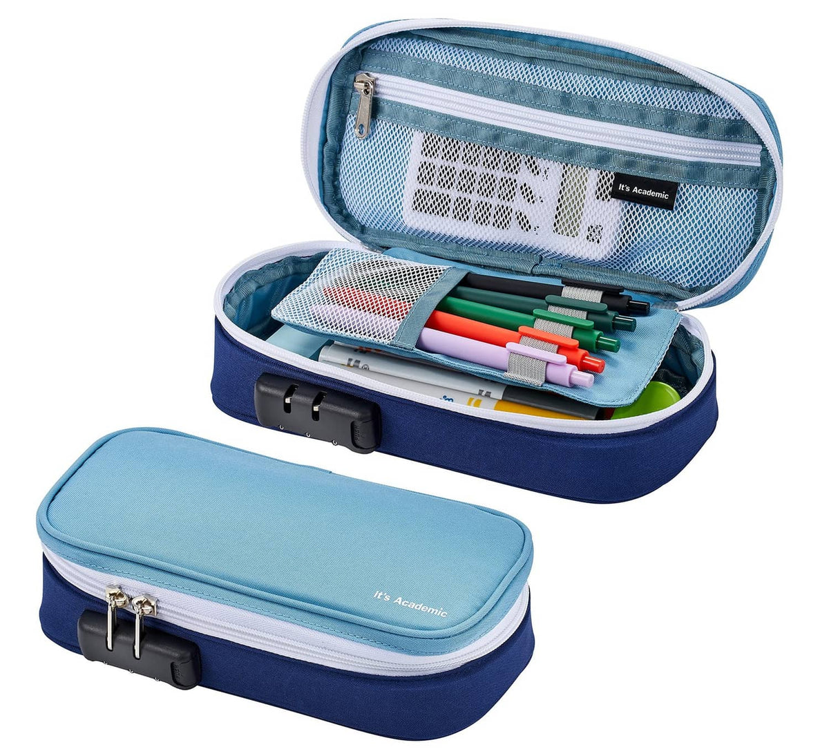 Blue locking pencil case with mesh pocket and visible pens inside, zip-top open.