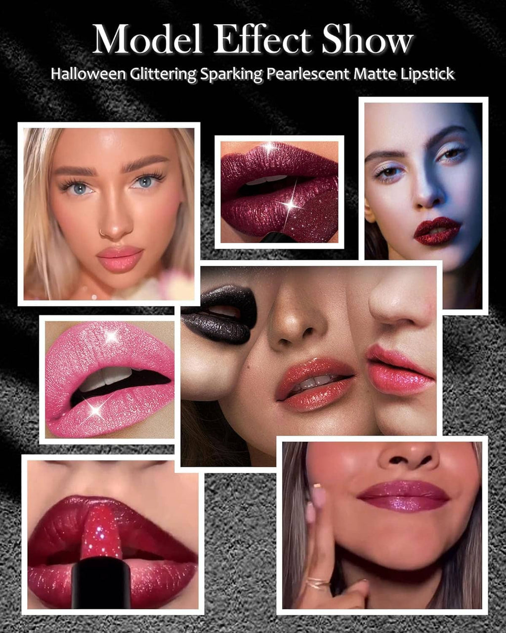 Sparkling glitter lip look with deep rosy-mauve matte lipstick finish on model lips