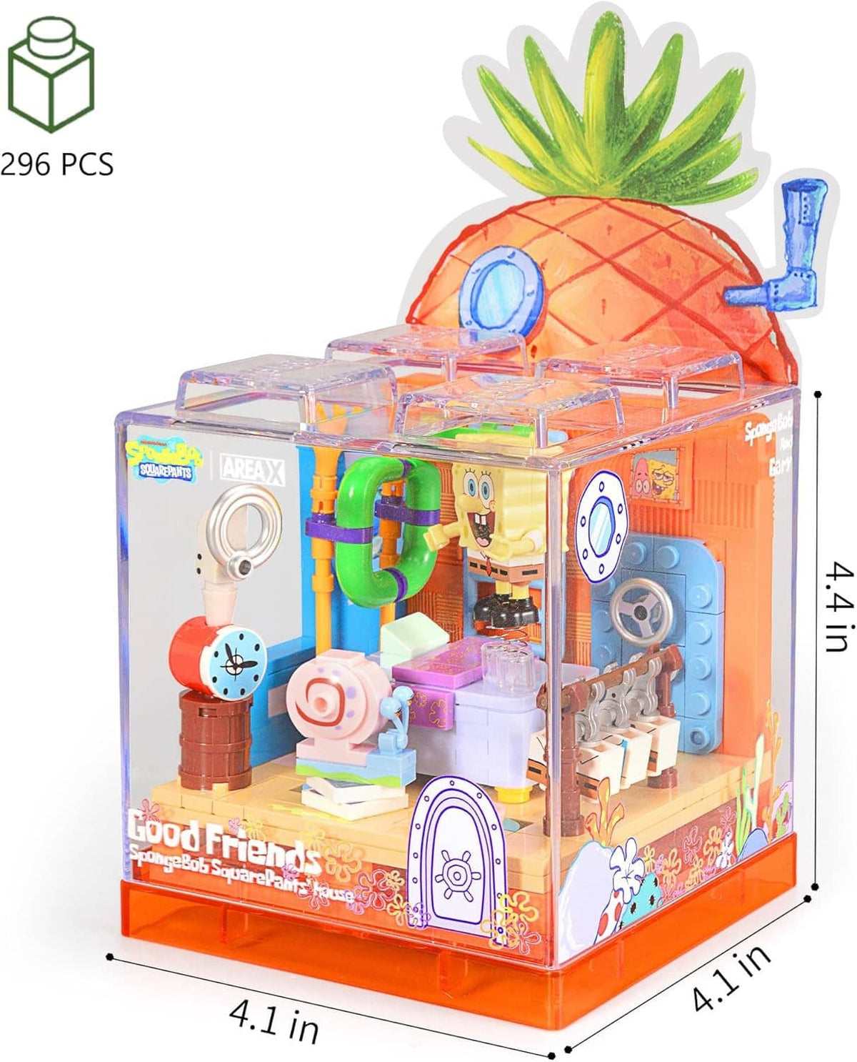 Toy building block display box kit with orange pineapple dome and interior mini figures