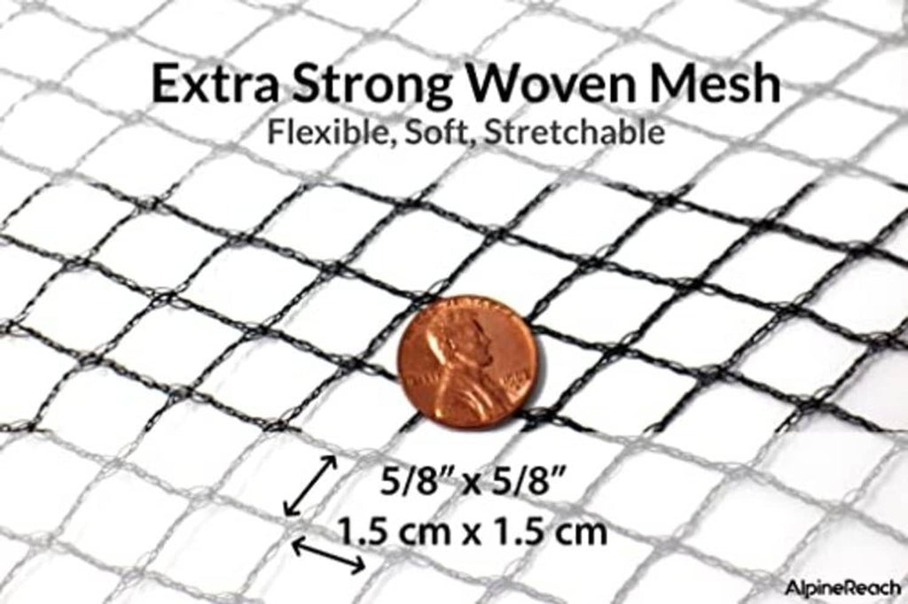 Black woven garden mesh netting close-up with coin for scale