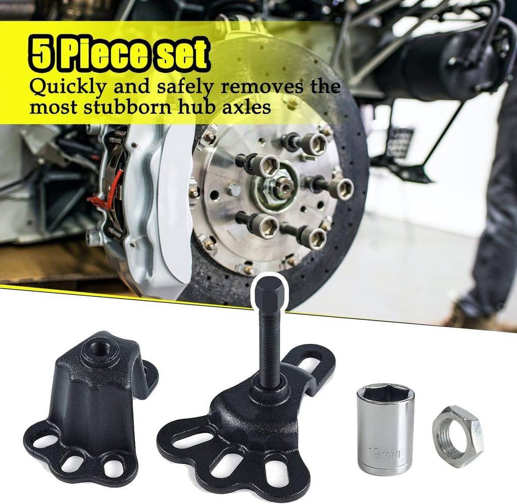 5-piece universal hub axle puller set with fork clamps, forcing screw, and socket