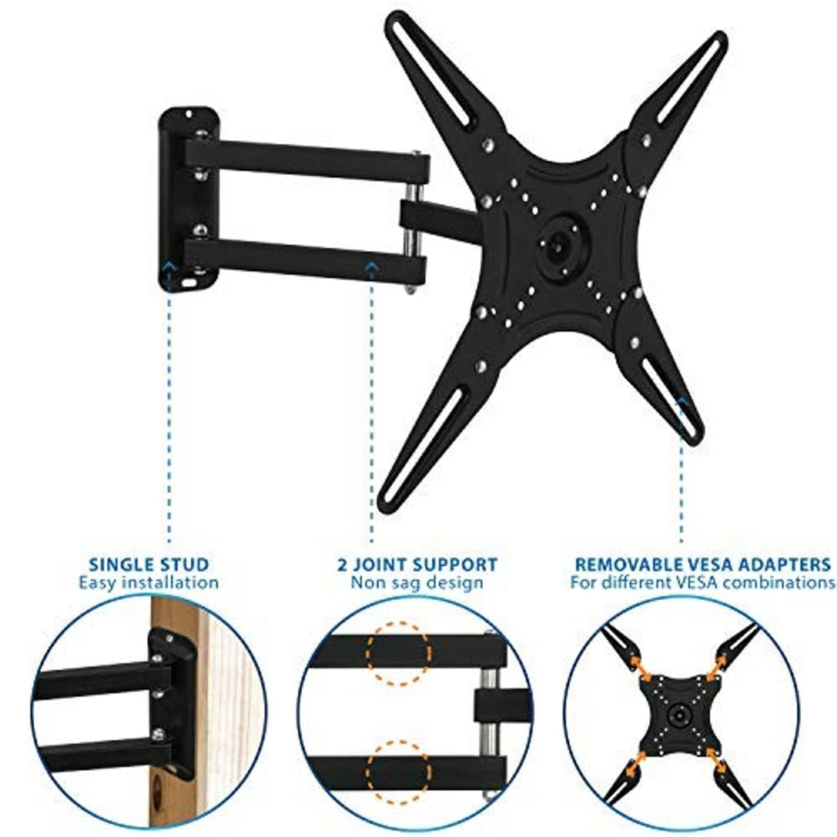 Black full-motion TV wall mount with articulating arm and VESA adapters overview