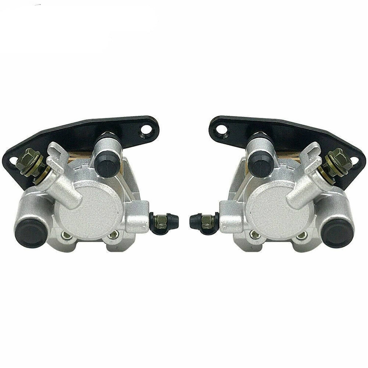 Front brake caliper assembly pair, silver caliper with black caps and mounting brackets