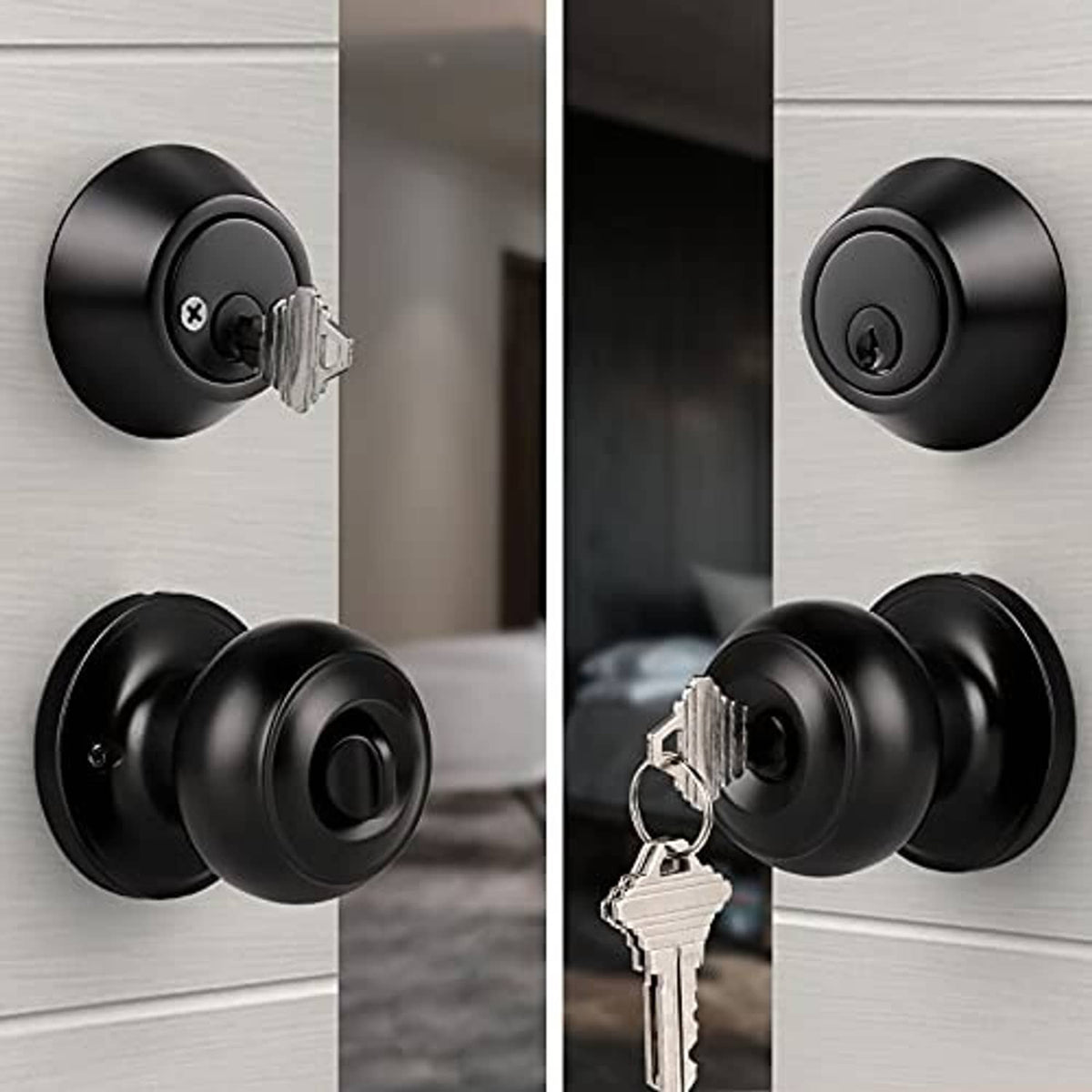 Matte black keyed door knobs and deadbolt on a door with keys inserted