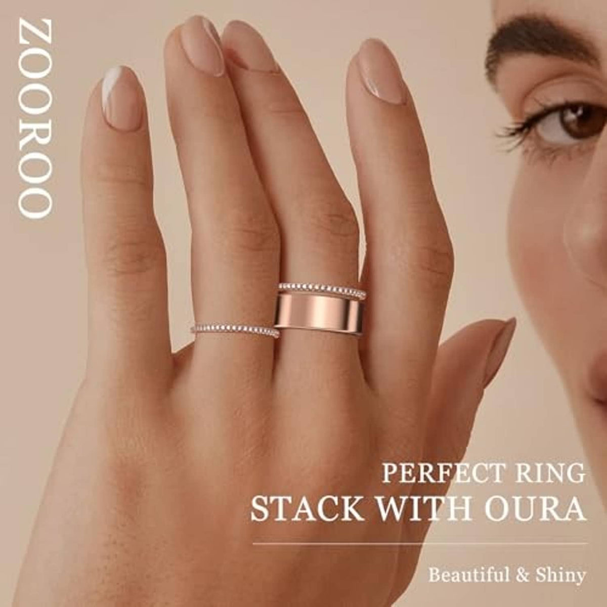 14K gold plated stacking rings, thin pavé band and wide polished band on hand