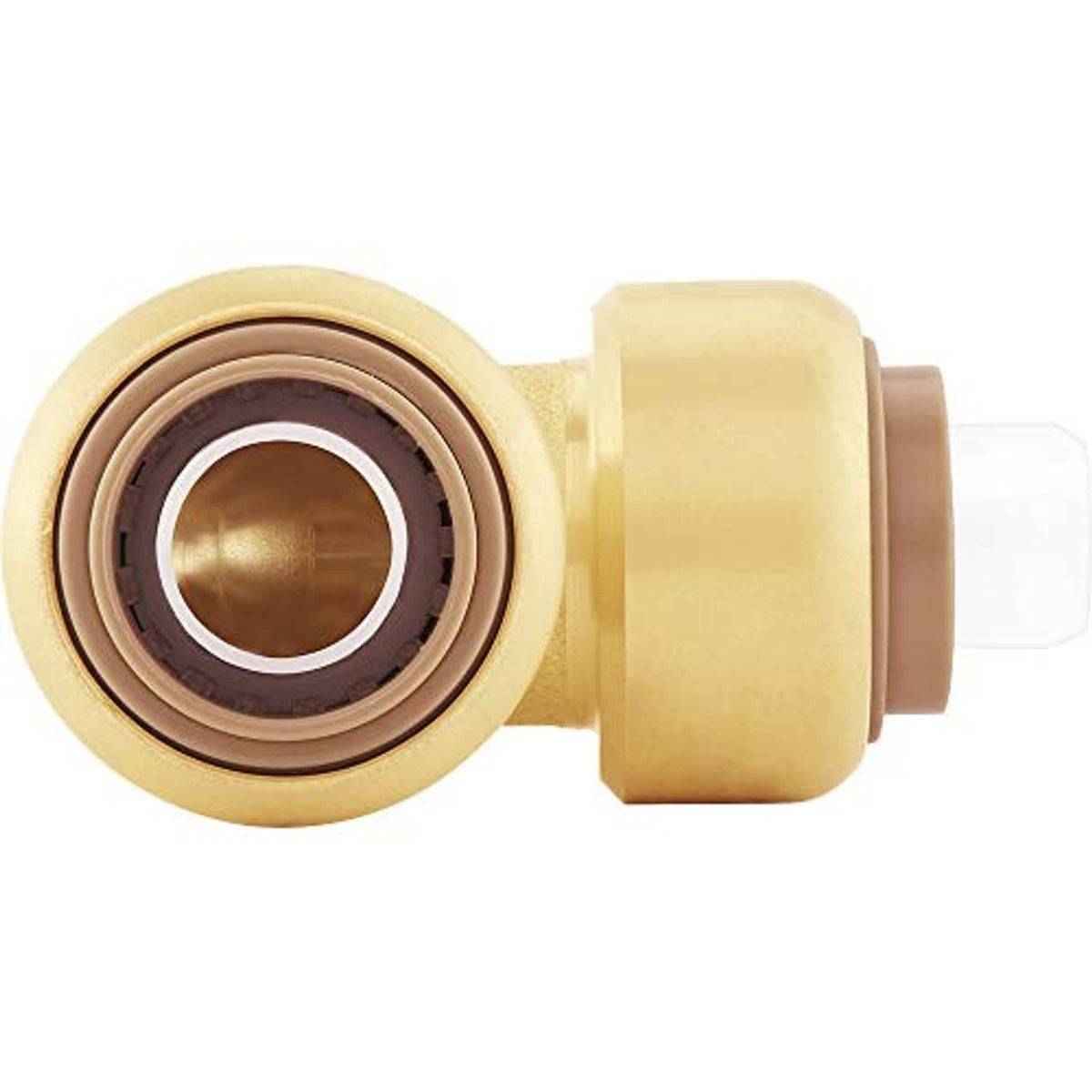 Close-up of gold/yellow 90-degree push-on elbow connector with white insert
