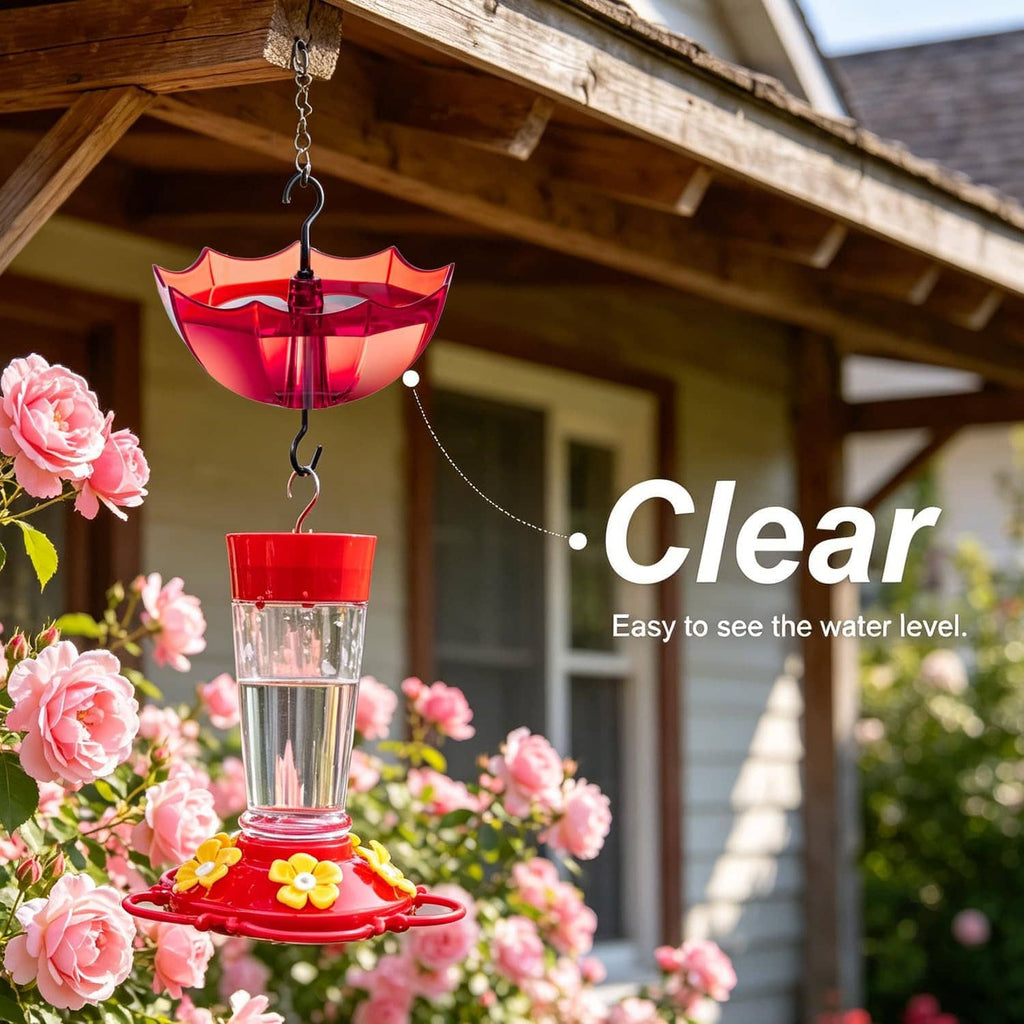 Hanging red ant moat with clear water level tube for hummingbird feeder protection