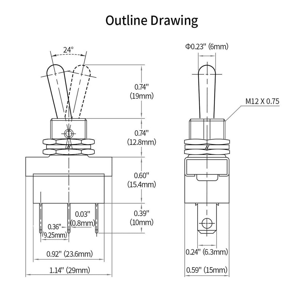 Technical outline drawing of car toggle switch with dimensions and mounting hole