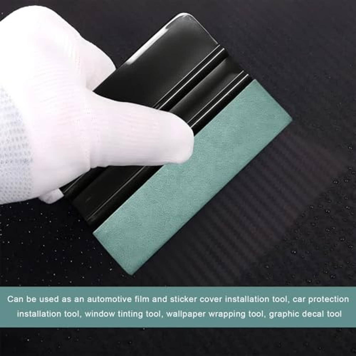 Car window tint squeegee tool with teal felt pad in use on a car window