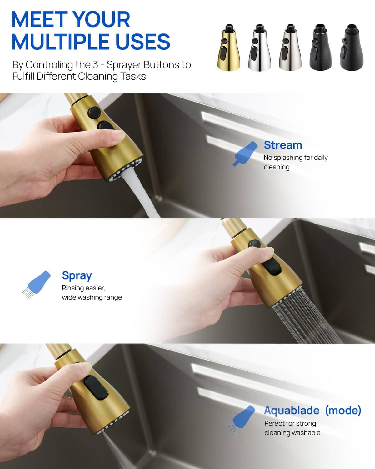 Brushed gold kitchen sprayer head with three mode buttons for spray and stream