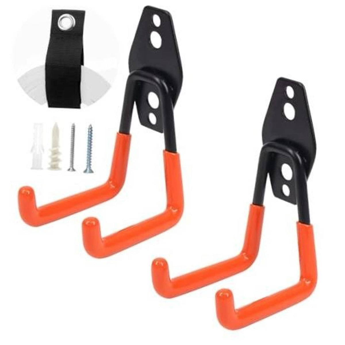 Orange steel U-shaped storage hooks with black mounting brackets and screw anchors