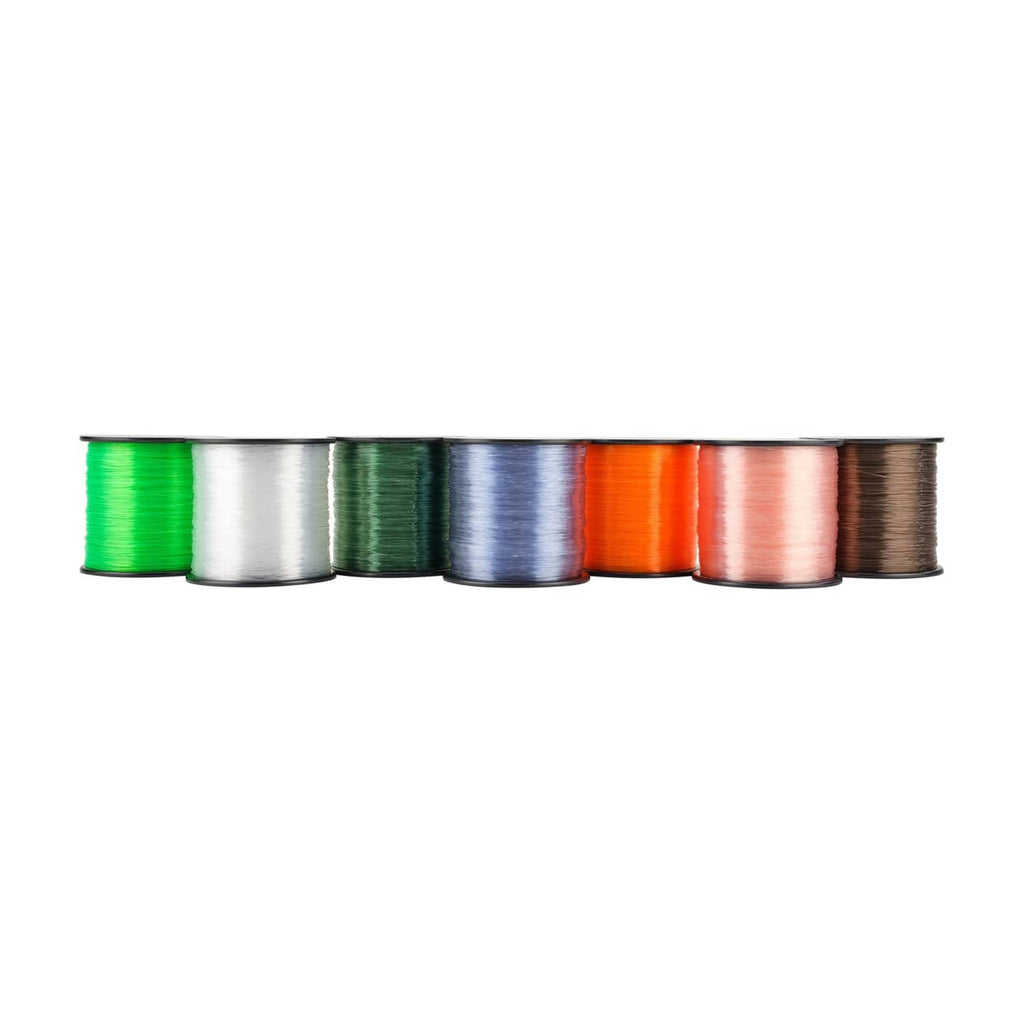 Neon green and other colored monofilament fishing line spools in a row