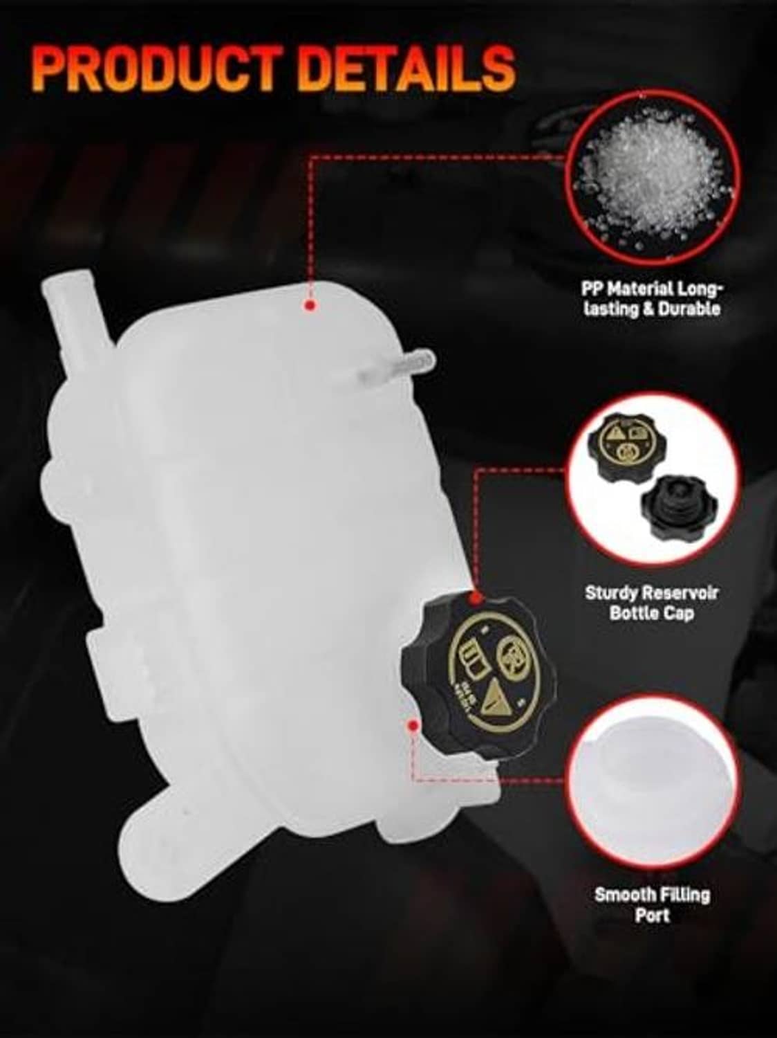 White coolant reservoir tank with black cap, filling port, and smooth top