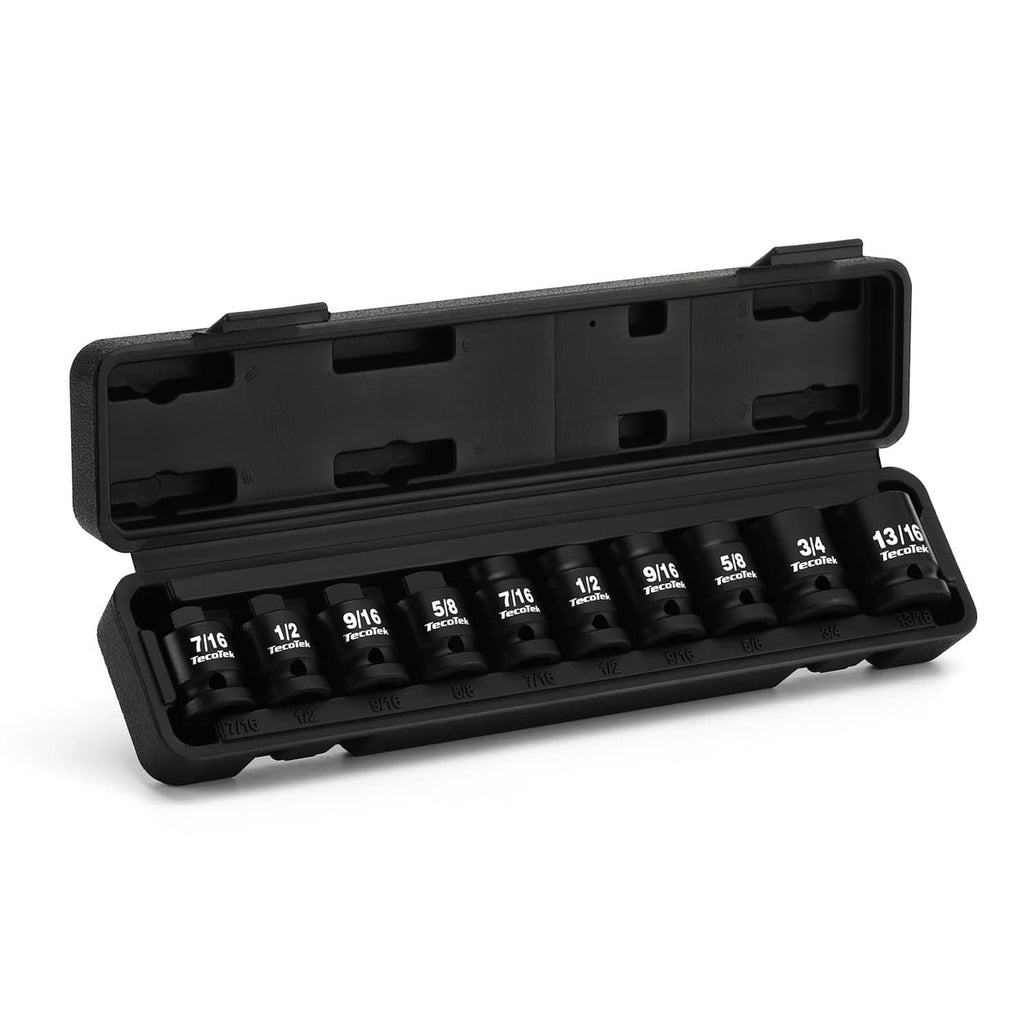 Open black molded case showing 10-piece black square drive socket set positions