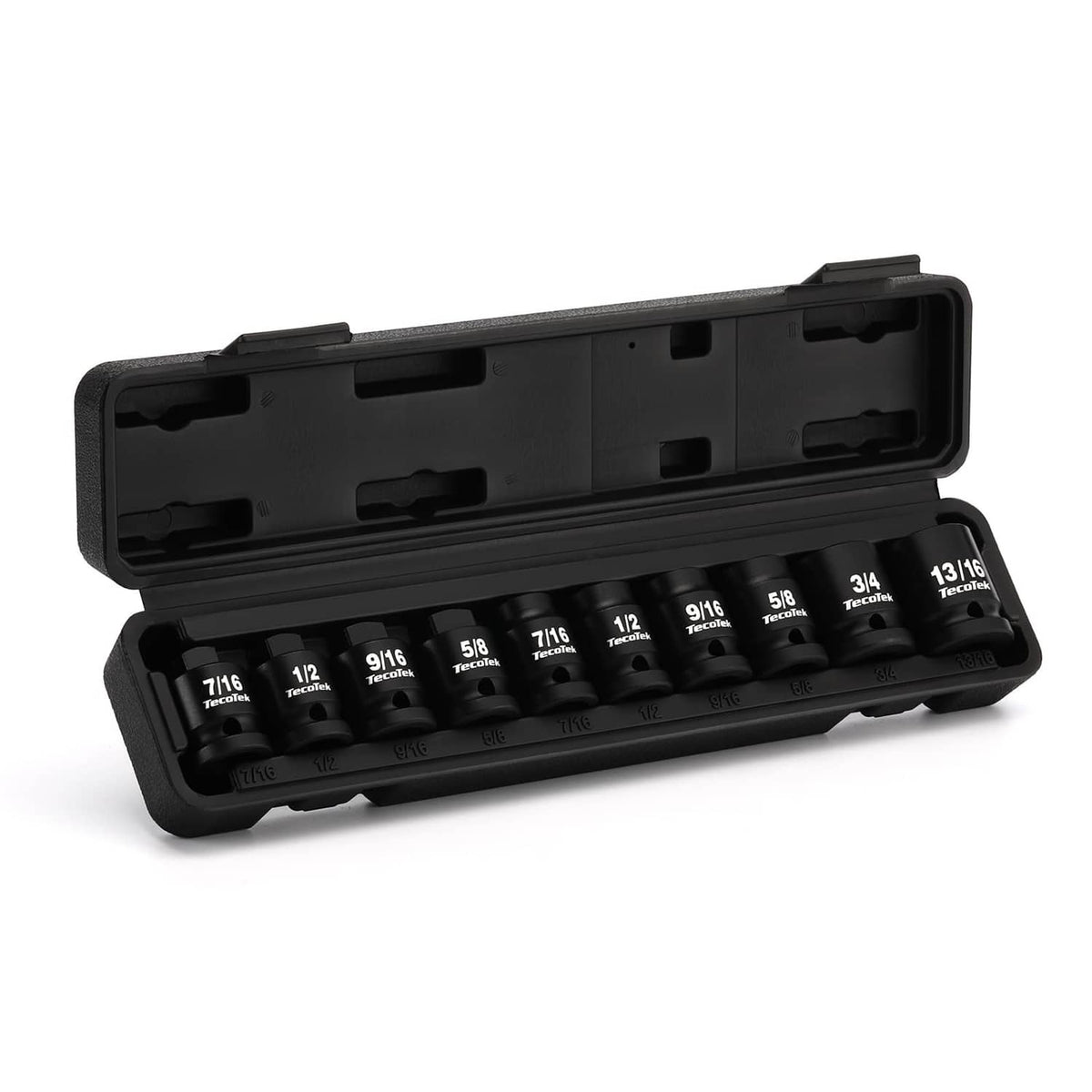 Open black molded case showing 10-piece black square drive socket set positions