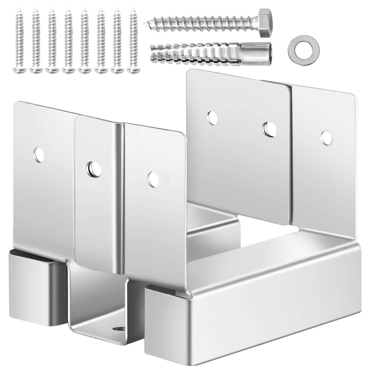 Metal 4x4 post base bracket with mounting screws, washers, and anchor parts kit