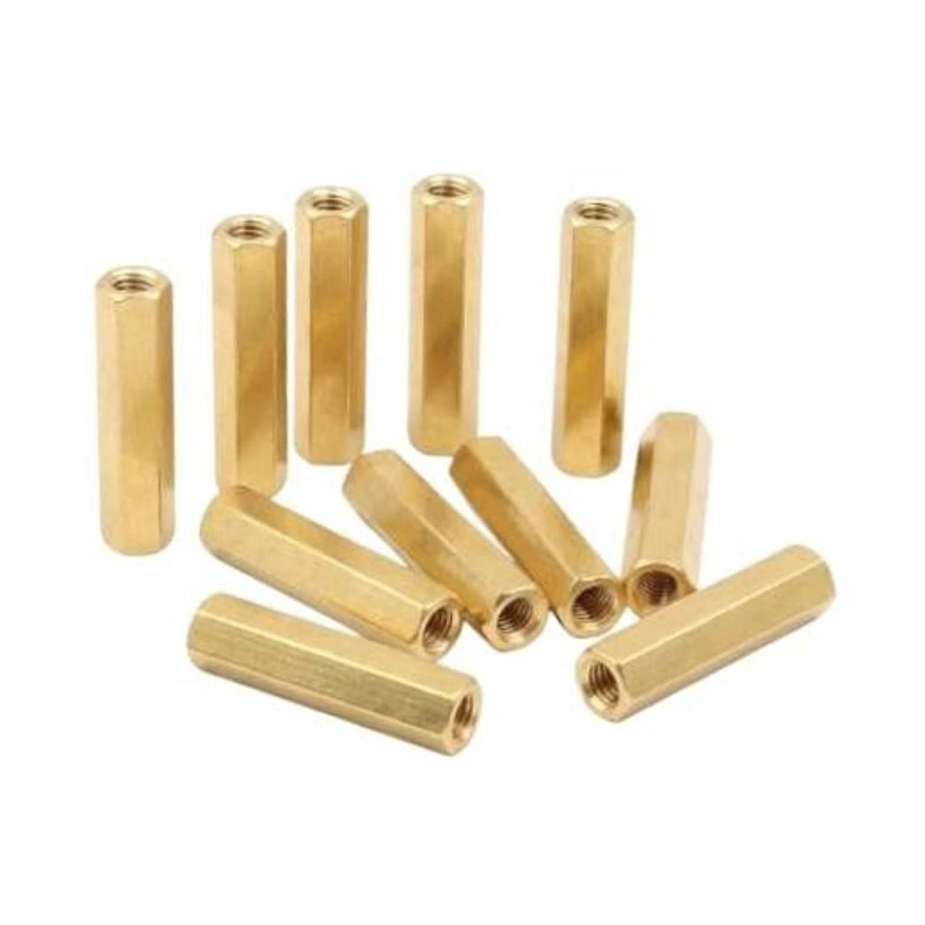 Long brass hex coupling nuts with female internal thread, set of multiple pieces