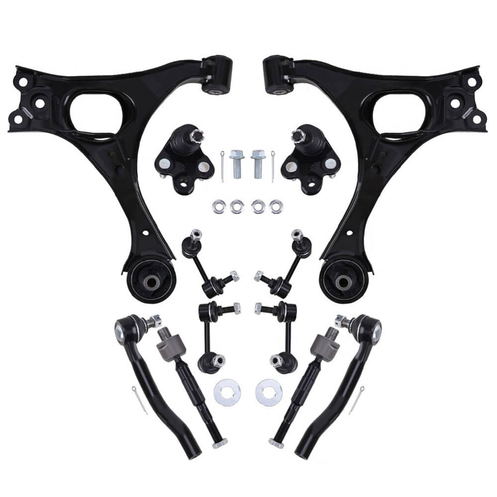 Front suspension kit parts: control arms, ball joints, tie rods, sway bar (black).