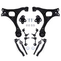 Front suspension kit parts: control arms, ball joints, tie rods, sway bar (black).