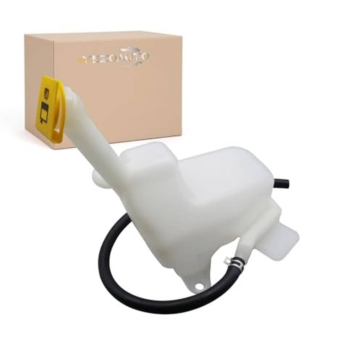 White coolant reservoir with yellow cap and black hose, mounting port visible