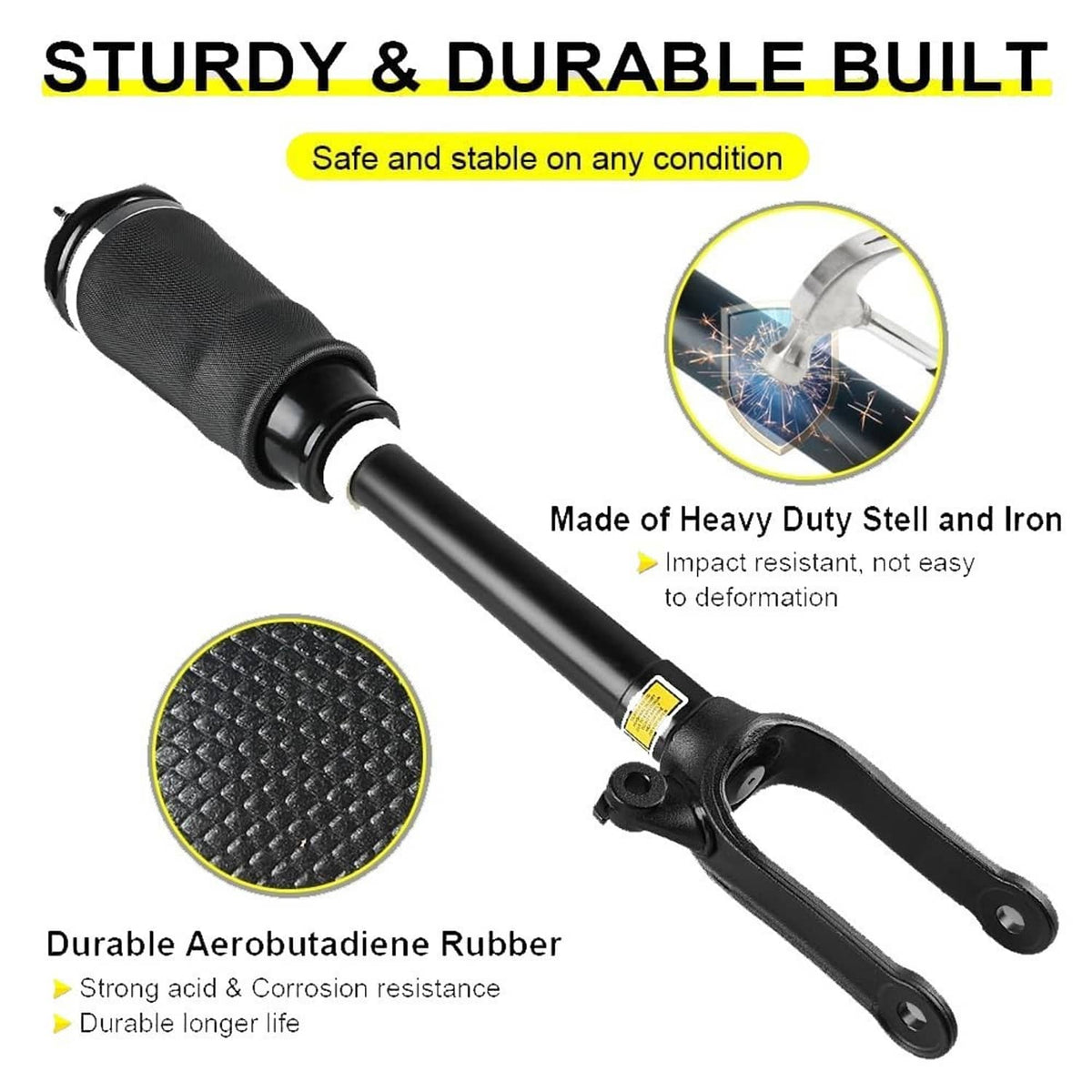 Front air suspension shock strut with textured black rubber air sleeve and fork bracket