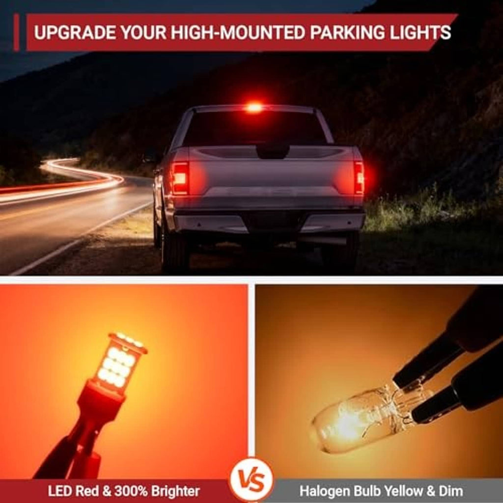 Red LED third brake light bulbs illuminating a rear car with bright red glow