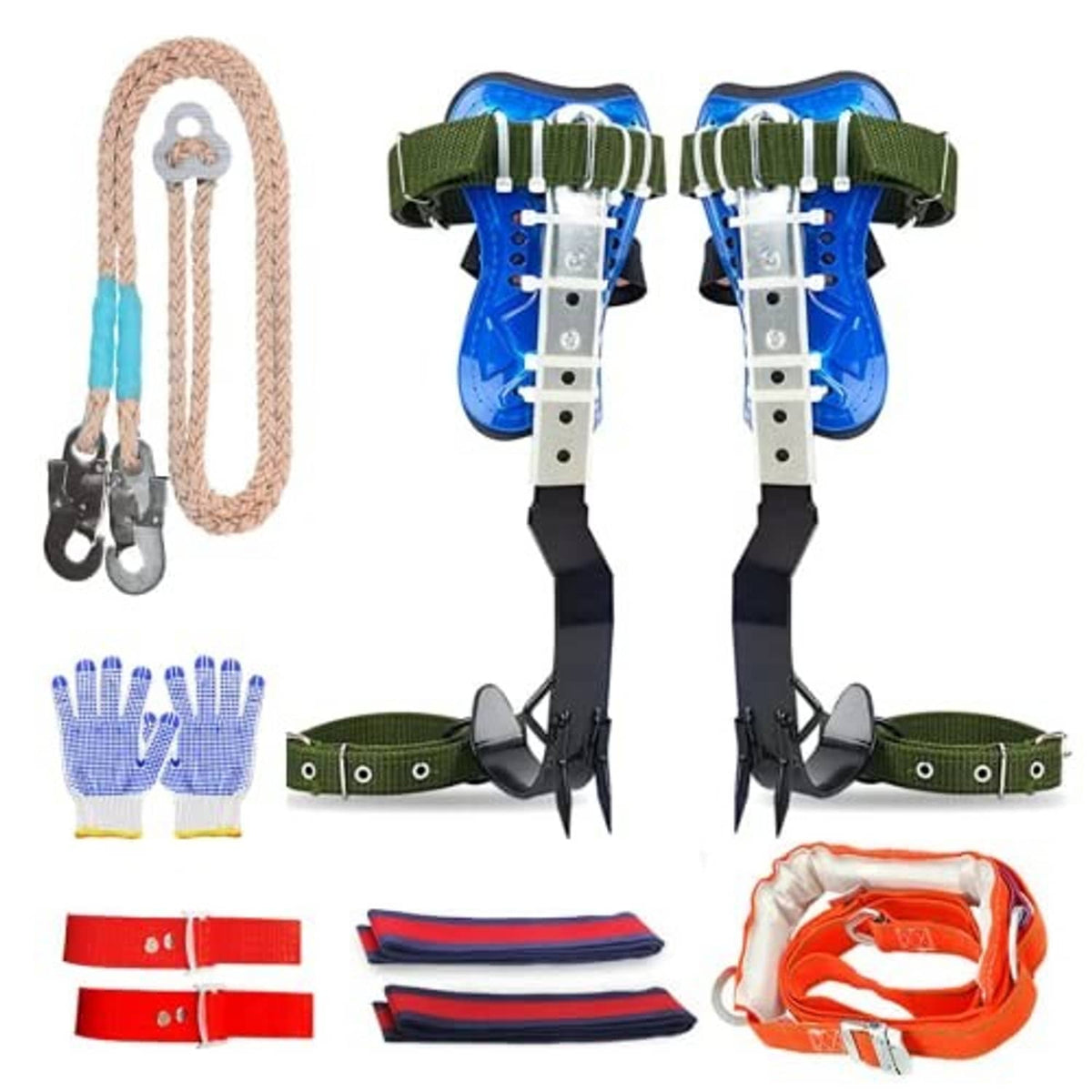 Adjustable tree climbing spikes pair with blue shoe plates and green webbing straps