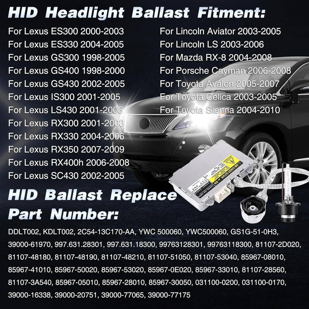 HID headlight ballast replacement module set with wiring and bulb holder