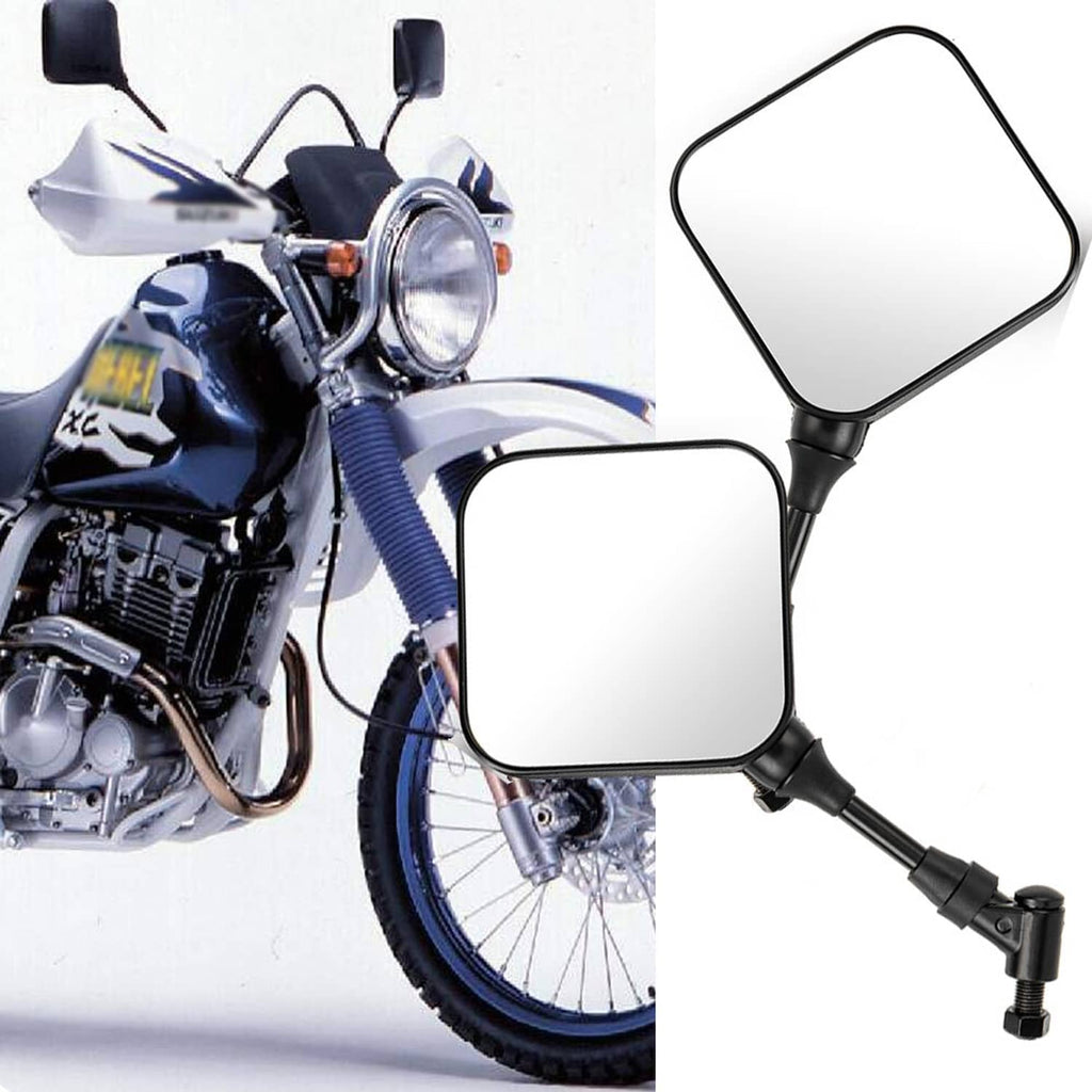 Pair of black square motorcycle rearview mirrors with long adjustable mounts