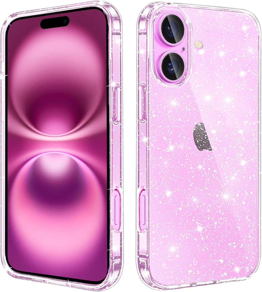 iPhone 16 Plus glitter phone case: pink sparkly clear TPU with button covers and camera openings