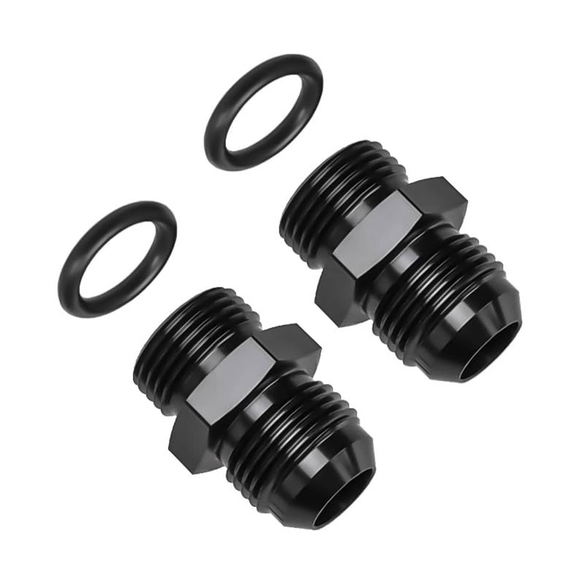 Black AN ORB adapter fittings with O-rings and male threaded ends