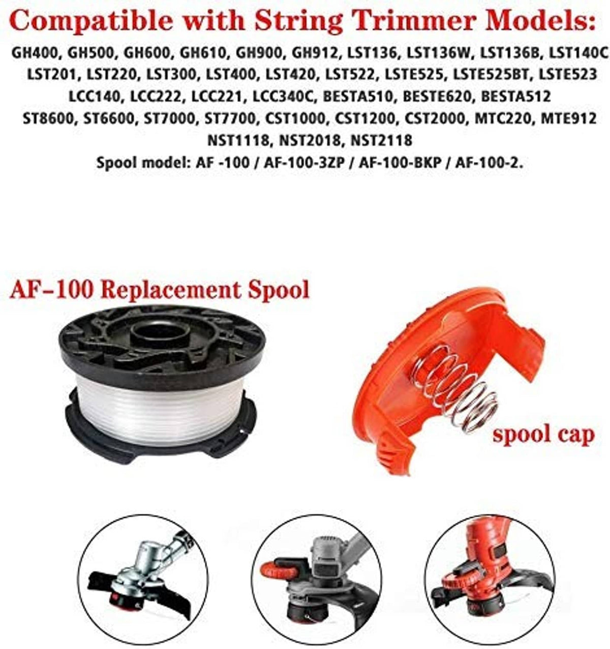 Replacement trimmer spool with orange spool cap, black reel and white filament line