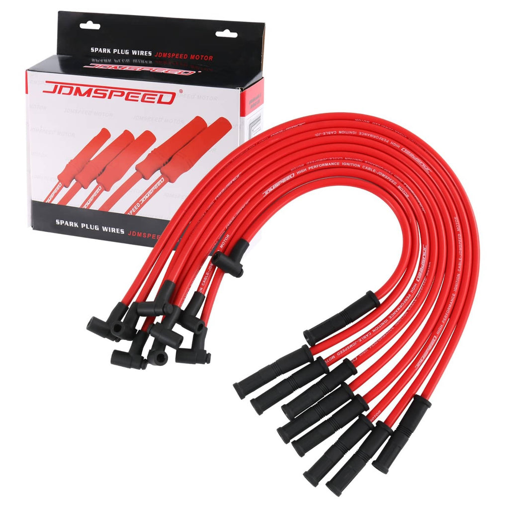 Red spark plug wires set with black coil-90 boots, bundled and ready for installation