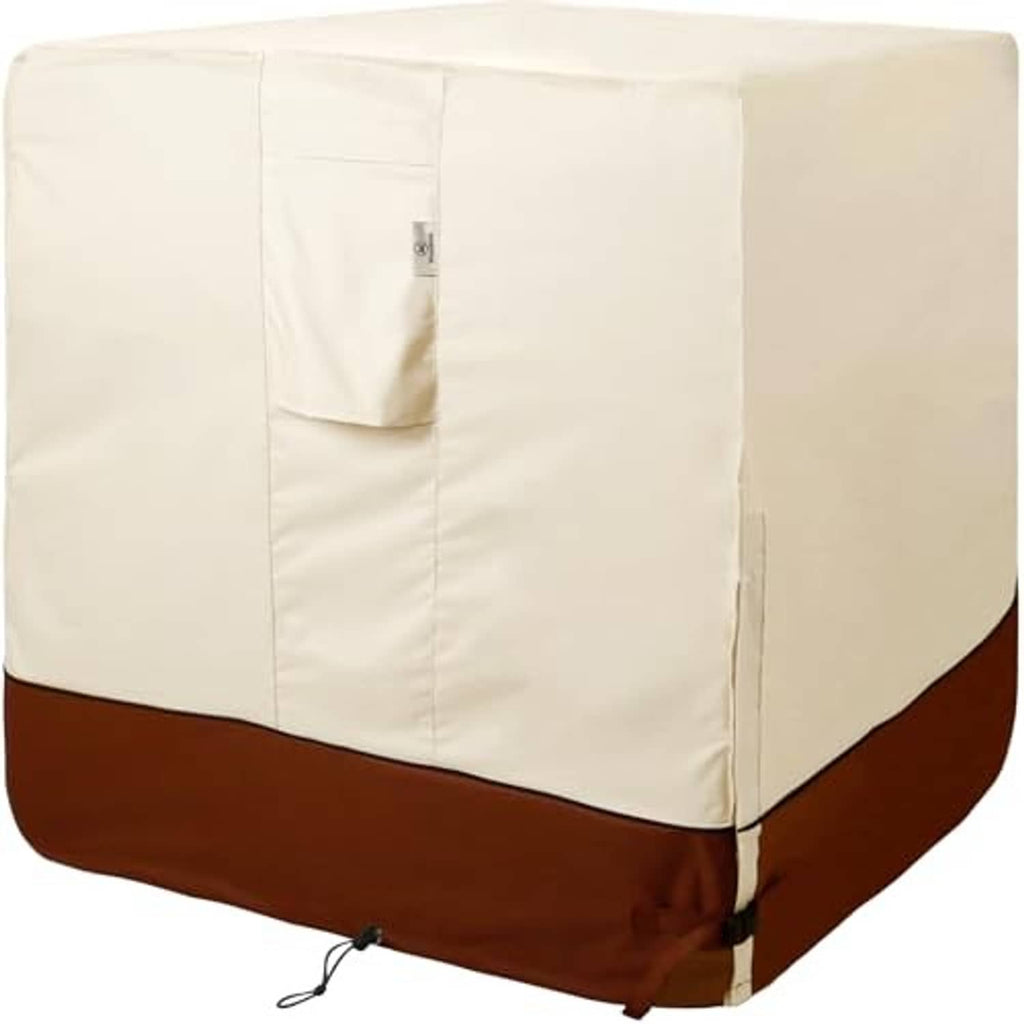 Outdoor AC unit cover with cream upper and dark brown lower, bottom drawstring