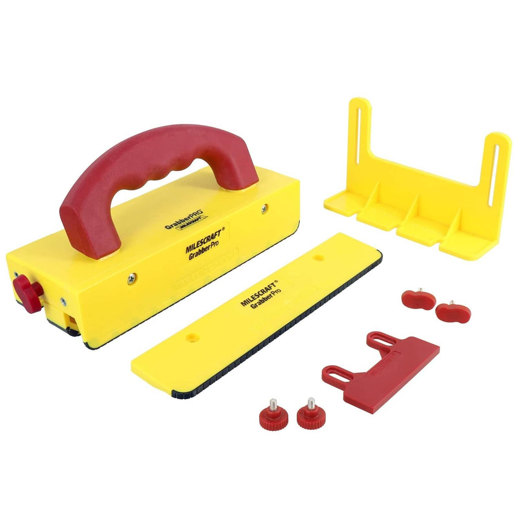 Yellow push block kit with maroon handle, two pads, fence guide, and red accessory parts