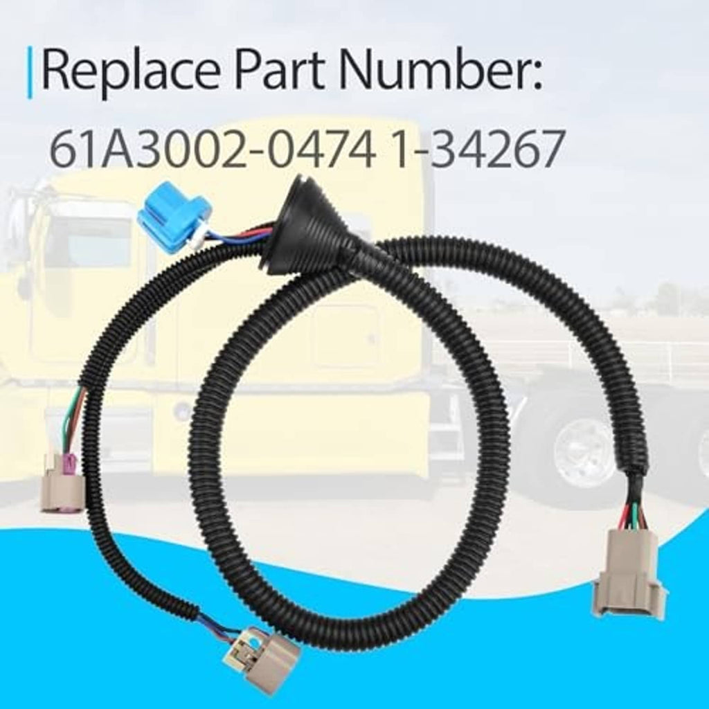 Headlight wiring harness with black cable, blue spade connector, and gray electrical plugs