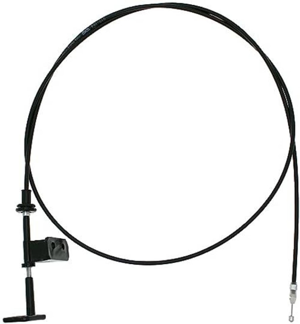 Hood release cable with black housing, bracket, and cable sheath ends