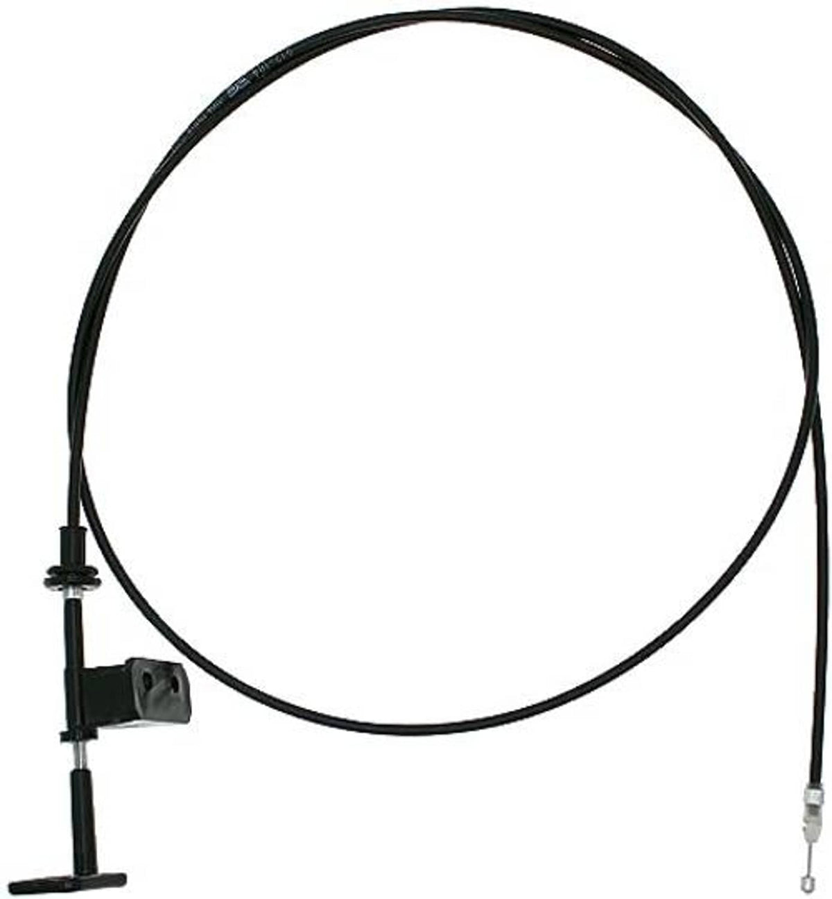 Hood release cable with black housing, bracket, and cable sheath ends