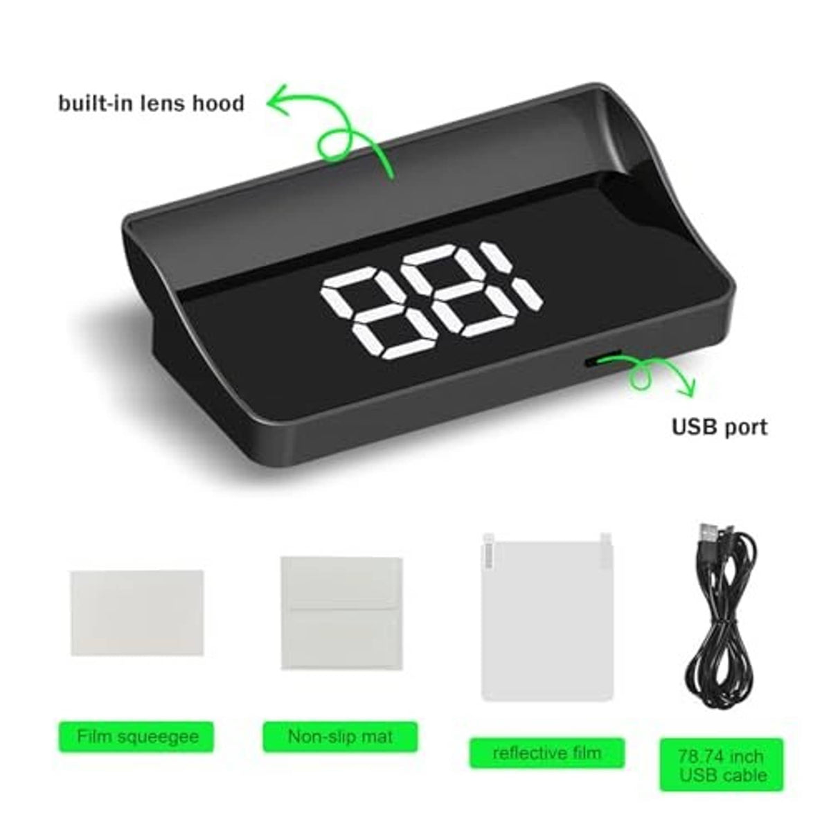 Car HUD speedometer with USB port and built-in lens hood feature