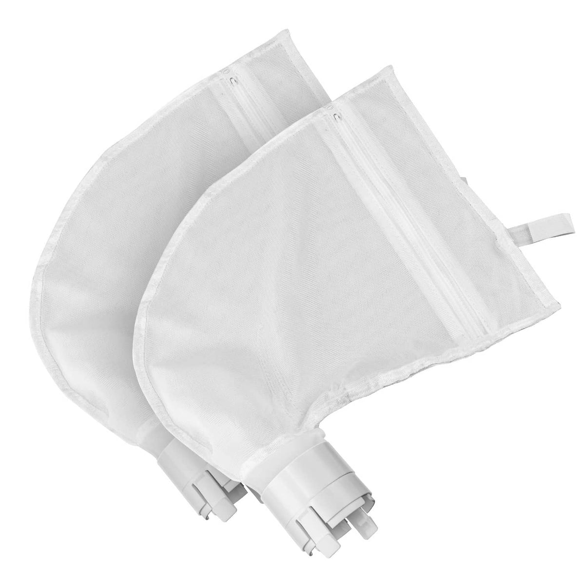 Pair of white filter bags with snap-on vacuum connectors for 360/380 pools