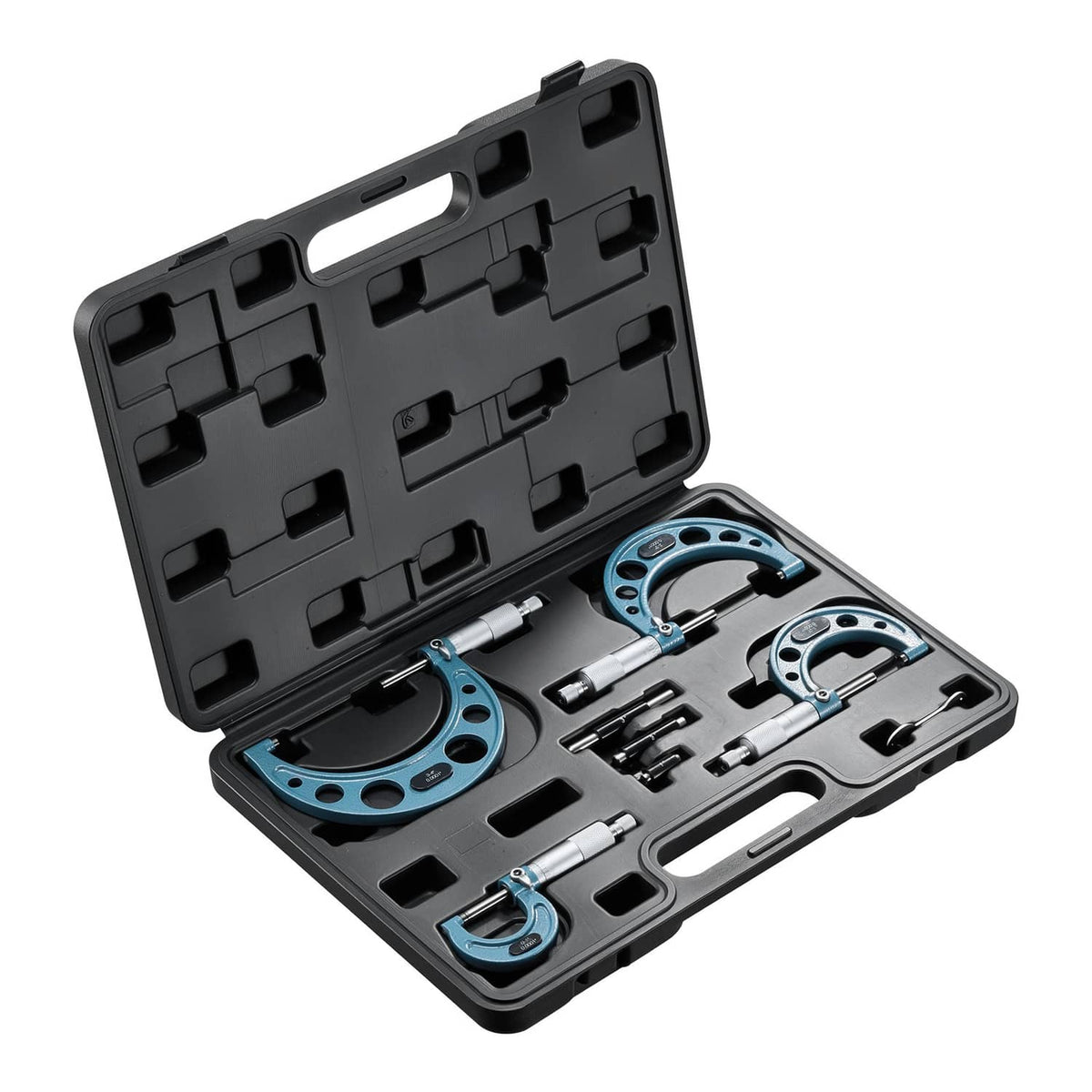 Open black case with foam compartments for four teal outside micrometers and tools
