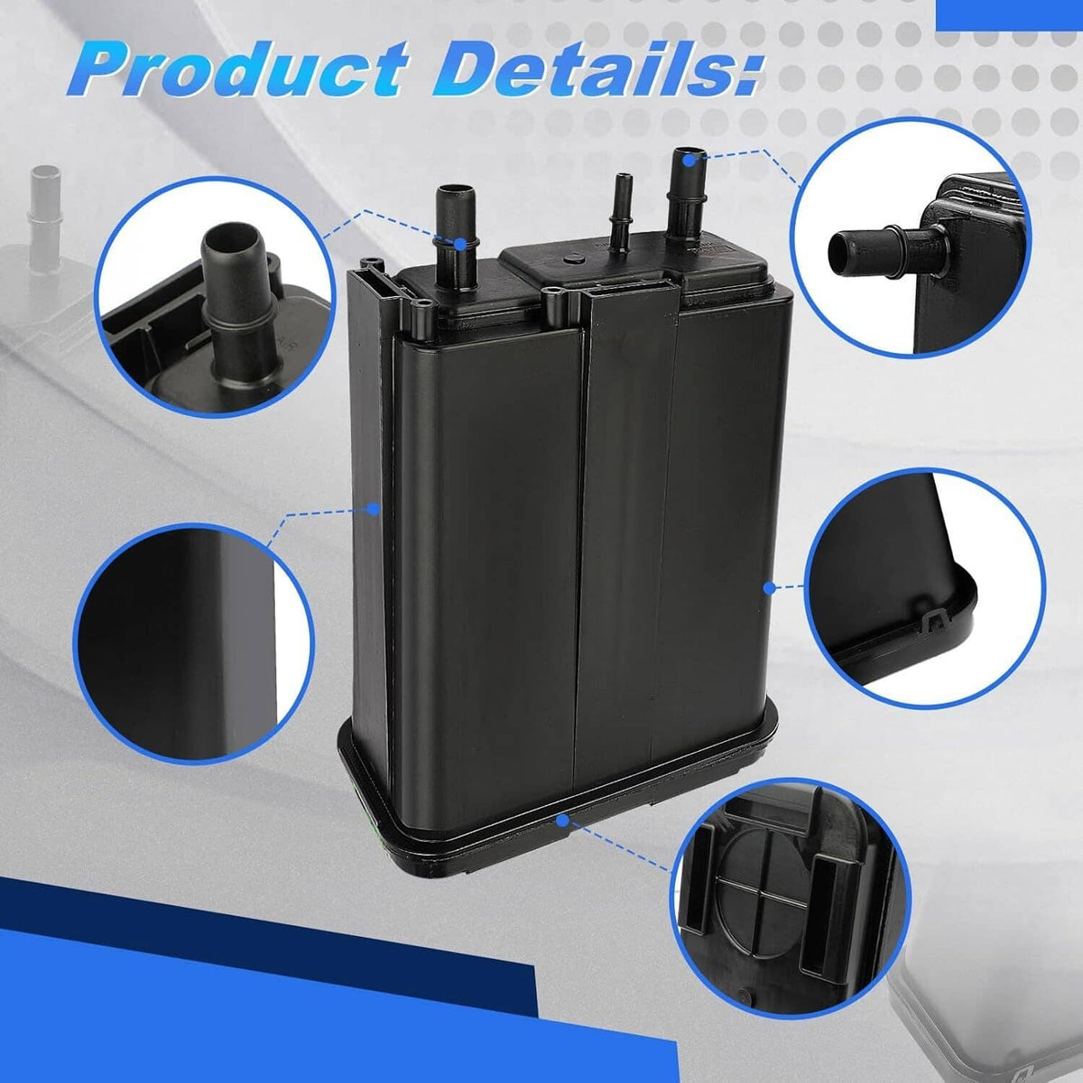 Black fuel vapor canister with molded fittings and side vacuum port