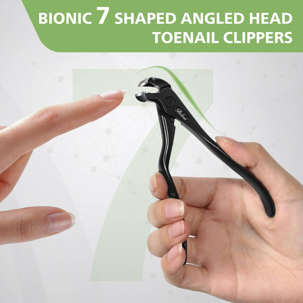 Black angled toenail clipper with long lever handle and curved cutting head