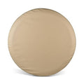Beige spare tire cover, round waterproof dust cover with stitched edge.