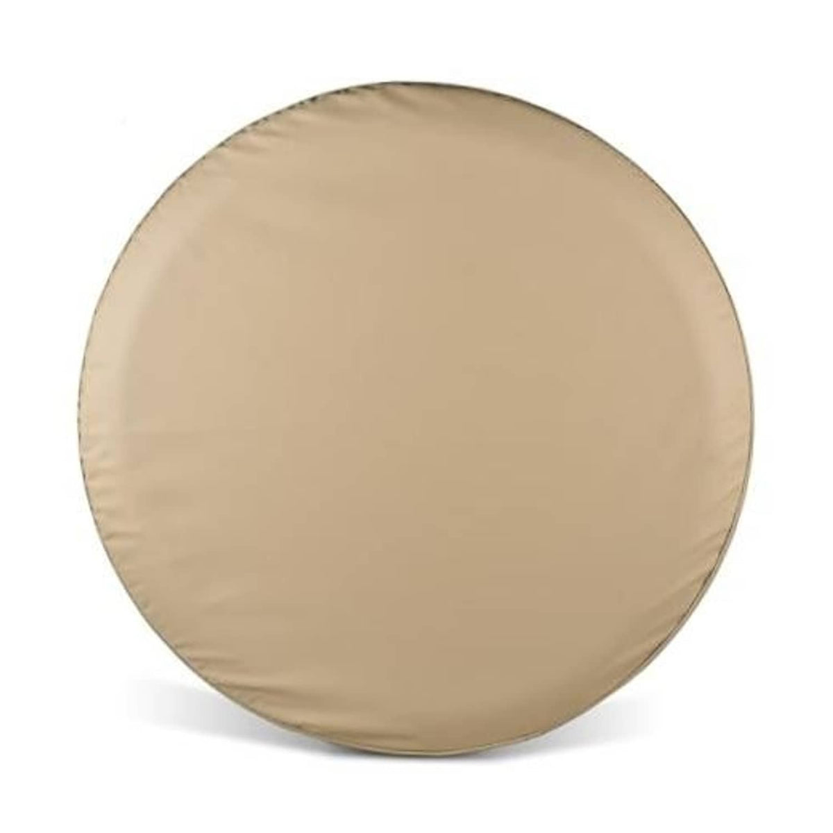 Beige spare tire cover, round waterproof dust cover with stitched edge.